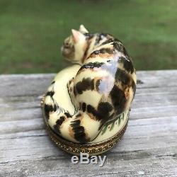 Limoges Hand Painted Piotet Crouched Cat Trinket Box Striped Tabby Signed