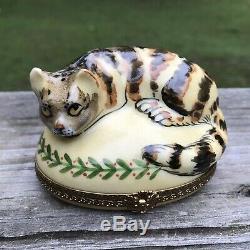 Limoges Hand Painted Piotet Crouched Cat Trinket Box Striped Tabby Signed