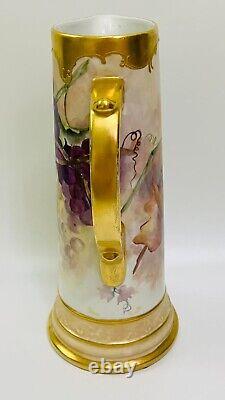 Limoges Hand Painted Pitcher Tankard Grapes & Leaf 14 1/2 Heavy Gold, 1900-1932