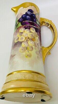 Limoges Hand Painted Pitcher Tankard Grapes & Leaf 14 1/2 Heavy Gold, 1900-1932