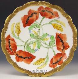 Limoges Hand Painted Poppies Conventional Gold Encrusted Plate Signed Flores