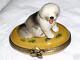 Limoges Hand Painted Porcelain Bearded Collie Dog Lying On Oval Trinket Box
