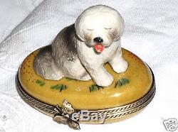 Limoges Hand Painted Porcelain Bearded Collie Dog Lying on Oval Trinket Box