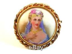 Limoges Hand Painted Porcelain Young Lady with Pearl Necklace & Earrings Brooch