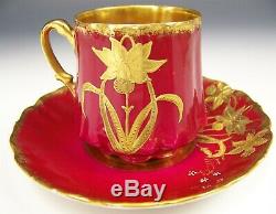 Limoges Hand Painted Raised Gold Daffodils Demitasse Cup & Saucer