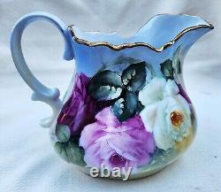 Limoges Hand Painted Red, Pink, & Yellow Roses Melon Shape Cider Pitcher