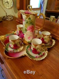 Limoges Hand Painted Rose Chocolate Pot / Platter /4 Cup/4 Saucer Set