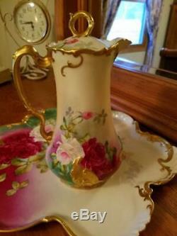Limoges Hand Painted Rose Chocolate Pot / Platter /4 Cup/4 Saucer Set