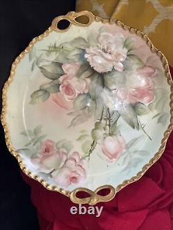 Limoges Hand Painted Rose Plate, Artist Signed E Miler- J PL France 11x10 RARE