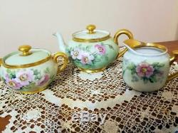 Limoges Hand Painted Rose Tea Pot /Creamer /Sugar bowl Set, Artist signed