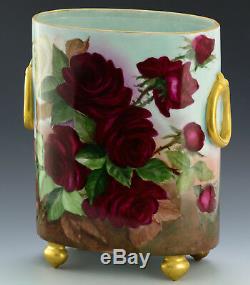 Limoges Hand Painted Roses 10-3/4 Cache Pot Vase