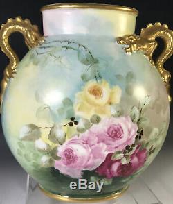 Limoges Hand Painted Roses Dragon Handles Vase
