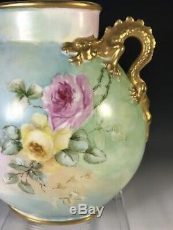 Limoges Hand Painted Roses Dragon Handles Vase