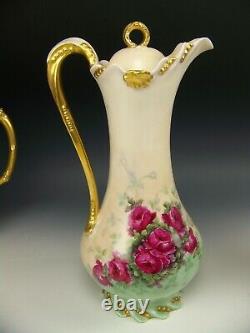 Limoges Hand Painted Roses Gold Gilt Handle 12 Footed Chocolate Pot