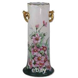Limoges Hand Painted Roses Greenery Gold Rim Porcelain Vase Antique 1912