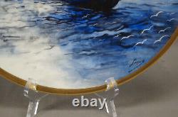 Limoges Hand Painted Signed Leroux Sailboats Maritime Scene Blue & Gold Charger