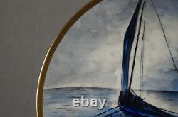Limoges Hand Painted Signed Leroux Sailboats Maritime Scene Blue & Gold Charger