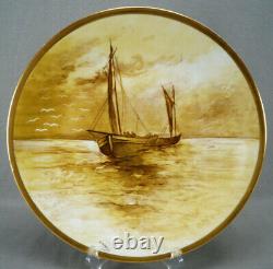 Limoges Hand Painted Signed Leroux Sailboats Maritime Scene Yellow Gold Charger