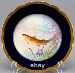 Limoges Hand Painted Signed Luc Cobalt & Gold Border Fish 9 1/2 Inch Plate F