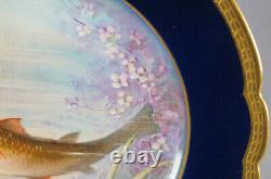 Limoges Hand Painted Signed Luc Cobalt & Gold Border Fish 9 1/2 Inch Plate F
