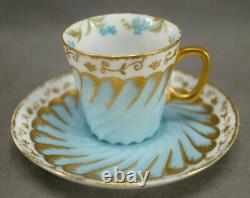 Limoges Hand Painted Signed MB Blue Forget Me Nots Gold Demitasse Cup & Saucer