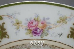Limoges Hand Painted Signed Pink Roses Green & Gold Scrollwork 9 5/8 Inch Plate