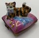 Limoges Hand Painted Striped Cat On Pink Pillow Hinged Trinket Box Signed #7/500