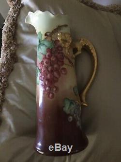 Limoges Hand Painted Tankard Pitcher 1907 Gold Serpentine Handle 15 Approx