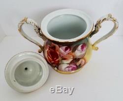 Limoges Hand Painted Tea Set Sugar/Creamer/6 Cups & Saucers Pink Cabbage Roses