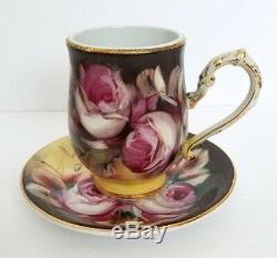 Limoges Hand Painted Tea Set Sugar/Creamer/6 Cups & Saucers Pink Cabbage Roses