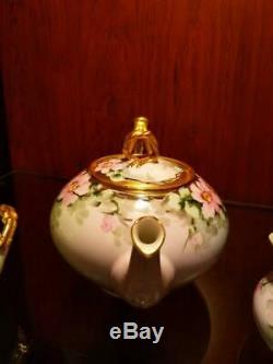 Limoges Hand Painted Wild Rose Tea Pot Charger Creamer Sugar Set, Artist signed