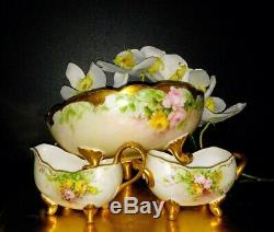 Limoges P & P Hand Painted Roses Footed Bowl & Bavaria Creamer & Sugar Bowl