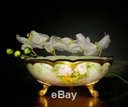 Limoges P & P Hand Painted Roses Footed Bowl & Bavaria Creamer & Sugar Bowl