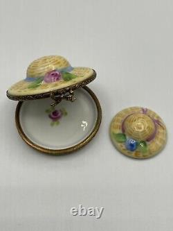 Limoges Peint Main France Trinket Box Hand Painted Summer Straw Hat Porcelain