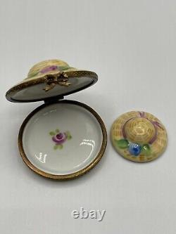 Limoges Peint Main France Trinket Box Hand Painted Summer Straw Hat Porcelain