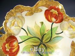 Limoges Pickard Hand Painted Twin Tulip Wishbone Handles Bowl Signed Walter
