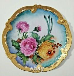 Limoges Pierced Cabinet Plate Hand Painted with Flowers and Signed 10.25