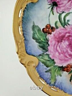 Limoges Pierced Cabinet Plate Hand Painted with Flowers and Signed 10.25