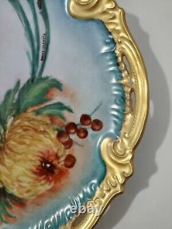 Limoges Pierced Cabinet Plate Hand Painted with Mums and Signed 10.25