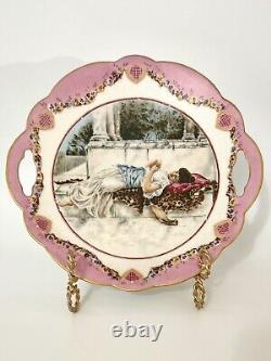 Limoges Pink Plate Hand Painted Portrait Woman withEngagement Ring Romance Signed