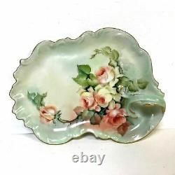 Limoges Porcelain Leaf Shaped Vanity Tray With Gold Rim and Hand Painted Roses