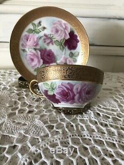 Limoges Roses Handpainted Gold Encrusted Guild Tea Cup And Saucer