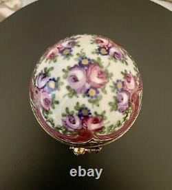 Limoges Round hand painted Box with Roses, Leaves France