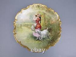 Limoges Signed Hand Painted Wall Charger Platter Girl with Goat 12 5/8