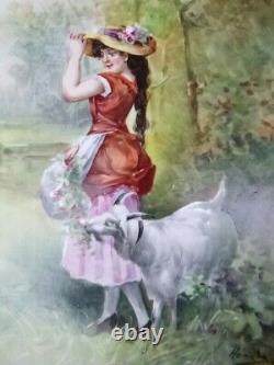 Limoges Signed Hand Painted Wall Charger Platter Girl with Goat 12 5/8