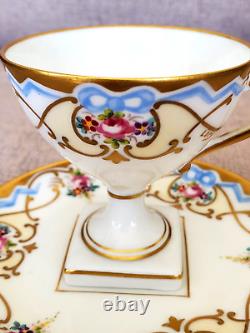 Limoges Square-base Teacup & Saucer Set Flowers Ribbons Bows Hand-painted Signed