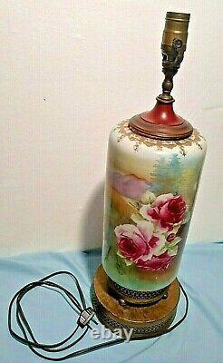 Limoges Style Victorian Hand Painted Glazed Table Lamp with Roses Porcelain 22