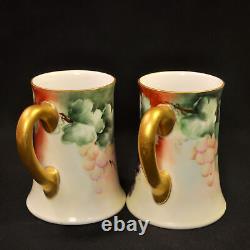Limoges T&V 2 Tankard Mugs 1892-1907 Hand Painted Purple Wine Grapes Leaves Gold