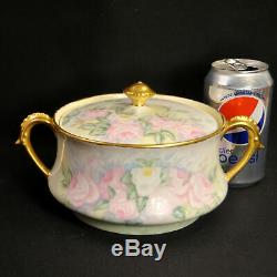 Limoges T&V Biscuit Jar 2 Handles Hand Painted by E. I. Shearer Roses withGold 1914