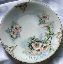 Limoges T&V Cabinet Plate Hand Painted Floral with Gold Lattice Scroll Signed